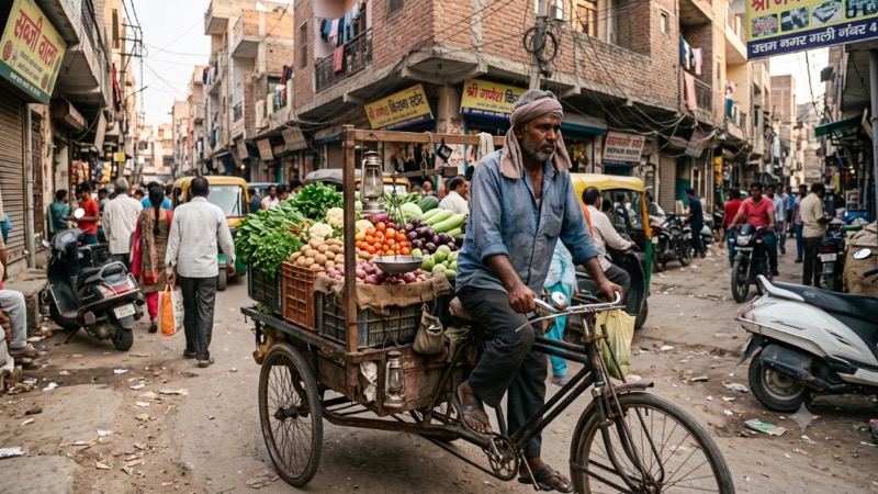 Street Vendor Man on Vegetable Cart